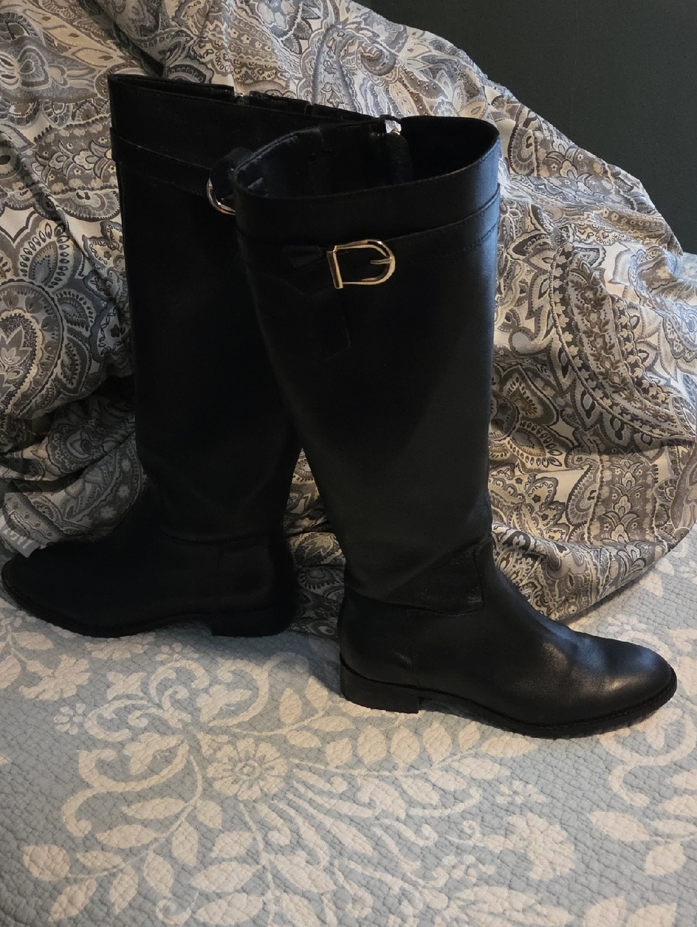 Women's Black Tall Riding Boots with Gold Buckle